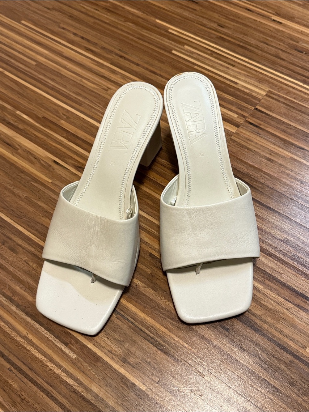 Zara Cream Leather Square-Toe Slip-On Mules